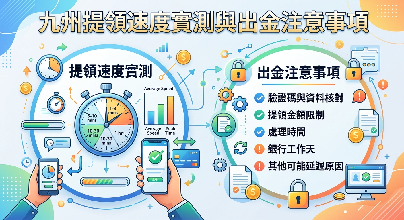 這張插圖呈現了關於「九州提領速度實測與出金注意事項」的資訊圖表，採用乾淨現代的向量風格與藍綠色調設計。 畫面結合了計時器、智慧型手機、安全鎖及數據圖表等視覺元素，直觀展示提領流程的效率與安全規範。